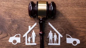 gavel dividing cutouts of house, family, and car